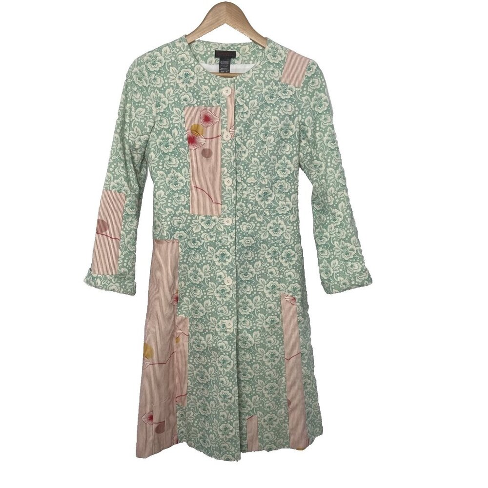 CUSTO Barcelona Jacket Coat Size 38 4 Made Spain Floral Art Teal Green Duster